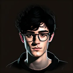 Illustration of a young man named Jack with with black hair and glasses, black background