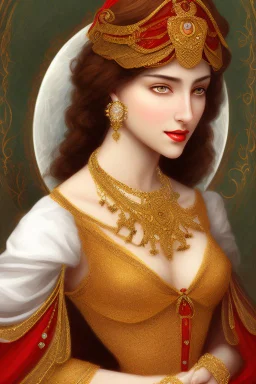 A beautiful Arab woman with white skin, brown hair, long curly hair, red cheeks and lips, wearing an elegant red dress from the Victorian era, wearing a necklace and earring made of green sapphire and gold