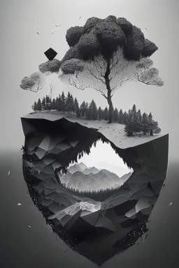 Beautiful landscape with trees, earth opens up and breaks down in black polygons.