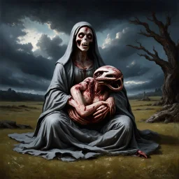 medieval painting depicts a decaying zombie Madonna figure with rotting flesh sitting upright while cradling a grotesque, otherworldly xenomorphic body with multiple tentacles. The zombie Madonna wears tattered, grey robes revealing decomposed skin, while the xenomorphic creature has pale, elongated segments and distorted features. The background shows a dark, twisted landscape inspired by Arnold Bocklin's composition style, with gnarled trees and swirling clouds reminiscent of Hieronymus Bosch