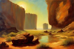 sunny day, planet in the sky, rocks, cliffs, sci-fi, friedrich eckenfelder impressionism paintings