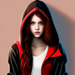 A sassy beautiful young woman with dark brown eyes and shoulder length red hair wearing a black hoodie. Realistic.