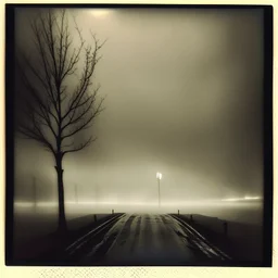 Dark street creepy fog colours strong texture artistic polaroid volumetric light tree nightmare Yves Tanguy