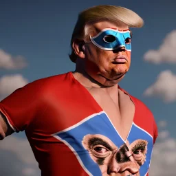 realistic image of donald trump as a mexican wrestling fighter posing, Mexican eyes wrestling mask, red and blue breeches, retro style, 80s, vibrant color, highly detailed, sky background, concept art, unreal engine 5, god rays, ray tracing, RTX, lumen lighting, ultra detail, volumetric lighting, 3d, finely drawn, high definition, high resolution.