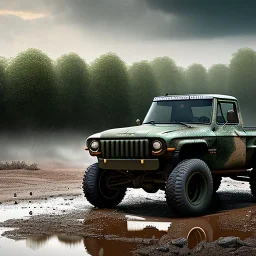 hyperrealistic shot, muddy military toy truck, monotone color palette, sharp focus, puddle reflection, tire water splash, refraction, mist on the horizon, shadowcast, detailed and intricate, cinematic composition