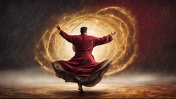 Hyper Realistic Sufi Whirling with Golden & Maroon Islamic Sufi Rustic Grungy Background with thunderstorm at heavy rainy night