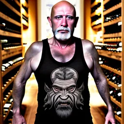 burly ugly 58 year old man bald with short beard and tank top manly chest chooses a bottle of wine in a cellar full of wine bottles dramatic light angry eyes highly detailed