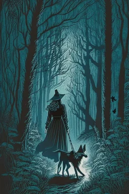 in the style of a Henry Justice Ford drawing, a beautiful witch walks through a dark forest, ahead of her is a dog