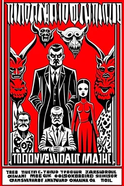 Woland, Behemoth, Korovjov characters from Mikhail Bulgakov’s The Master and Margarita, red background, black, white figures, bizarre, surreal by Adolphe Mouron Cassandre poster