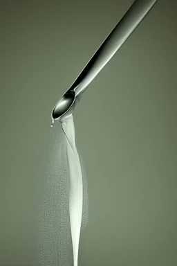 in focus, a jet of water flows into a spoon and splashes everywhere