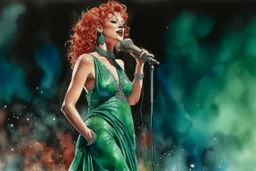 full figure, red curly hair upswept gorgeous singer on a stage in front of a microphone, sleeveless rose gold shiny silk long dress, the dress goes down to bluish green, photorealistic watercolour