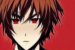 Detailed pretty anime boy, brown hair with blonde strips, keep head in frame, headshot, glaring, brown eyes, covered in bandages, looking serious, illustration, digital painting, only one character, color scheme red, wearing many bandages, Osamu Dazai inspired, anime inspired, manga, dazai, red hair, Chuuya, pretty, scruffy, angry, brooding, manga inspired, small nose, long lower eyelashes, handsome, widows peak, headshot, glaring, cute, wearing a bandage on neck, small nose, scruffy hair