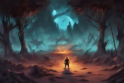 make the domain expansion like The domain itself looks like barren land, for him, anywhere he step is safe, even if he step on traps The land is filled with landmines, pitfalls with sharpened bamboo costed with cursed energy make the background like a battlefield make a war going on in the background make the character facing the backward