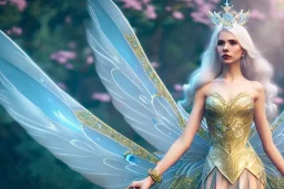 Fantasy cute fairy with wings, smiling, make up, long blond platinum hair, blue eyes, crown, beautiful dress, flowers in background, HQ, unreal engine