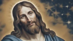 Portrait photograph upper body of Jesus Christ smiling, his eyes are focusing at the bottom of the picture, starry night background.
