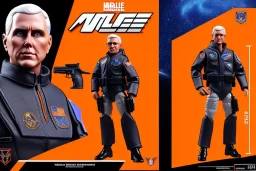 Mike Pence G.I. Joe toy Doll With a gun and Space force uniform inside blister packaging hanging on a Wallrack in toystore, fluorescent orange, Cellophane, wide angle shot whole body, black boots, laser, fullsize