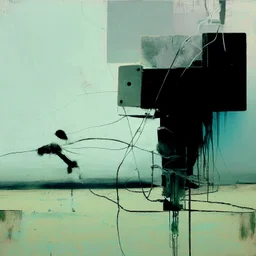 Dystopian future body with a twisted body falling from sky with retro monitor head and handing wires. In desolate landscape low horizonline at night. With a concrete decaying blocks. Abstract oil painting in style of Justin Mortimer and Phil Hale