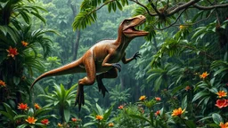 Capture a velociraptor mid-action as it leaps from a branch onto its prey. The surrounding rainforest is rich with varied green foliage, vibrant flowers, and hints of exotic wildlife peering through the dense undergrowth. Rain pours from the canopy, highlighting the raptor's powerful muscles and sharp claws, creating a captivating scene full of intensity and life.