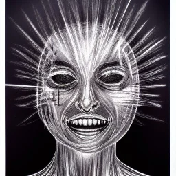 Silver on black paper portrait of female smiling face of migraine, face distorted with pain, reverse colors, screaming, tears streaming from eyes, colorless, glitchcore, dystopian, horror, ultra realist texture, intricate line drawing,