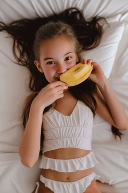 young teenage girl in a swimsuit on a bed. eating a banana. with dad