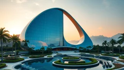 A futuristic skyscraper designed with sweeping parabolic curves, where the entire façade is made of reflective glass. The building rises gracefully toward the sky, with its symmetrical parabolic arc creating a sense of balance and elegance. Surrounding the structure are lush gardens and flowing water features that mirror the curves of the building. There are mountains in the distance. Beautiful lighting at sunrise. Award-winning photograph.