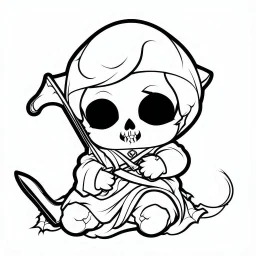 create a 2d black outline, "cute kawaii baby death with a scythe coloring book for kids", coloring page, low details design, black contour, coloring page design, simple background, colorful , card style, coloring page for kids, white background, sketch style,