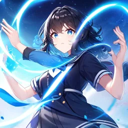 Clear focus,High resolution, Black short fluffy hair, and blue eyes, wearing a sailor uiform, Light magic