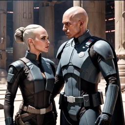 a bold and heroic bald male Corellian pilot in black and grey First Order special forces gear meets a female Jedi Master in ancient, mystical temple, hyperdetailed, dynamic lighting, hyperdetailed background, 8k resolution, volumetric lighting, light skin, fully symmetric details