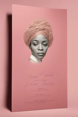 An extremely formal, funeral program written in French for a black woman (include a front photograph of a beautiful biracial black woman) on salmon pink deeply pigmented velvet paper with brilliant, brightest heavy golden greenish calligraphy fonts, simple, minimalistic, less element, very dramatic lighting