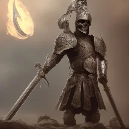 Skull headed knight with armor holding a big sword, standing still, smoke, realistic, 4K, High Definition, Centered