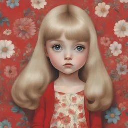 1970s, blond Little girl in red, long hair, in the style of Margaret Keane, huge eyes, flowered wallpaper