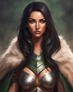 portrait of a petite athletic woman warrior, medium breasts, long black hair, green eyes, tan skin, bikini armor, fur cloak, realistic art style