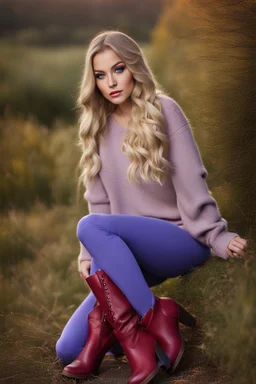 beautiful 18 year old girl with ash blonde hair and blue eyes with her curvy hair down, wearing a long-sleeved woollen top, and lilac long leggings, with long red boots full body shot