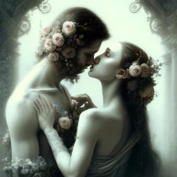 Romeo and Juliet. dramatic,romantic, muse of flowers, award winning, carne griffiths, portrait, intricate details, dynamic effects, white long hair, intricate eyes, detailed face, surreal hair, aristocratic clothes, professional ominous concept art, by artgerm and greg rutkowski, an intricate, elegant, highly detailed digital painting, concept art, smooth, sharp focus, illustration, in the style of simon stalenhag, wayne barlowe, and igor kieryluk.