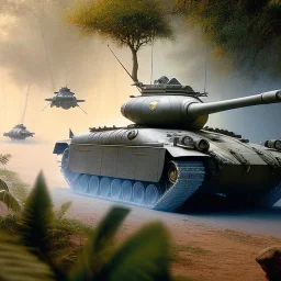 Ralph mcquarrie painting of a Futuristic armored tank With treads in the jungle with jets flying overhead, 4k, highly detailed, minutiae, trail, boulders, headlight