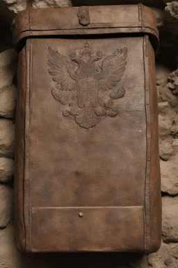 in the BASEMENT there is an old, broken brown oblong leather chest with short handles, from which gold coins from the time of Catherine the Great fall out. The ancient coat of arms of tsarist Russia, the double-headed eagle, is BARELY VISIBLE on the bag. There are a lot of broken bricks and earth around the bag. All in high quality 8K