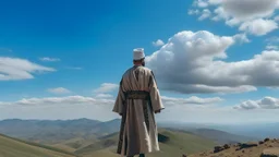 A Morisco general in an Arab dress stands with his back on the top of a mountain, in front of him is a flat land, and the sky is blue and full of clouds.