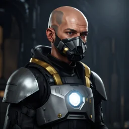 star wars bald male corellian pilot wearing pearlescent black and gunmetal grey First Order special forces heavy assault stealth commando armor and helmet with gold trim inside the jedi temple, hyperdetailed, dynamic lighting, hyperdetailed background, 8k resolution, volumetric lighting, light skin, fully symmetric details