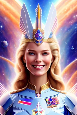 cosmic woman smile, admiral from the future, one fine whole face, crystalline skin, expressive blue eyes,rainbow, smiling lips, very nice smile, costume pleiadian, Beautiful tall woman pleiadian Galactic commander, ship, perfect datailed golden galactic suit, high rank, long blond hair, hand whit five perfect detailed finger, amazing big blue eyes, smilling mouth, high drfinition lips, cosmic happiness, bright colors, blue, pink, gold, jewels, realist, high commander