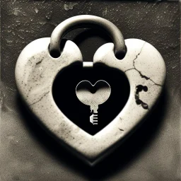 grey and black stone heart-shaped, with antique keyhole inside, on white background