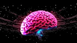 Comic style, bare transparent pink human brain flying trough the universe, background galaxy's