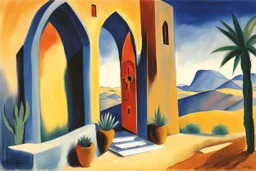 A gothic_arab glass gate in a blue wall with a view of a desert city by artist "Arthur Garfield Dove",by artist "Leonora Carrington",by artist "Emil Nolde"