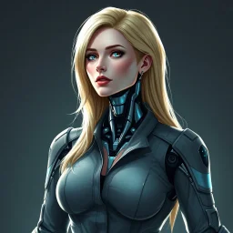 an intelligent blonde woman wearing jumpsuit, robotic neck and chest, digital art, stylised
