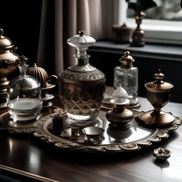 generate me an aesthetic complete image of Perfume Bottle with Vintage Tea Set