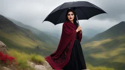 Hyper Realistic Photographic View Of Beautiful Young Happy Pashto Woman With Beautiful-Black-Mascara-Eyes-&-Black-Hair Wearing Black-Frock & Black-Shawl-With-Maroon Embroidery Happily Carrying An Black Umbrella With Maroon Embroidery On It, On Mountain-Top With Greenery & Breathtaking Cloudy-Rainy-Weather Showing Dramatic & Cinematic Ambiance.