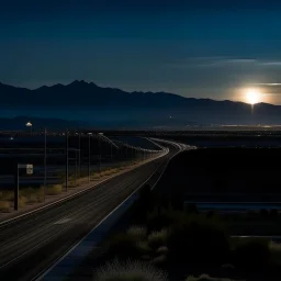 night time, a lonely highway, leading to a beautiful city in the distance. Behind the city is a mountain range with the sun rising