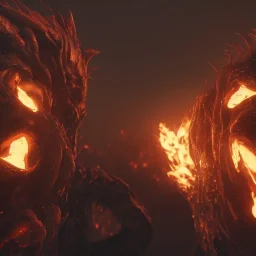 Cerberus, character-design, fire pouring from each mouth, full body, fiery dark skies in the underworld with Hades in the background, 8k, highly detailed, hyperreal, octane render, hdr, dark, sparkling lights, Cinematography lighting, mysterious, glister, surrealism, campbell white, 8K