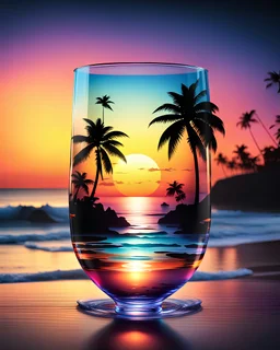 Stunning conceptual beach scene illustration in cocktail glass silhouette. Beach with vibrant colors, sunset sky and coast with palm trees. Cinematic black background, the glass looks like a window to a tropical paradise.12k 3D HD hyper-realistic Image quality CodeFormer AI 12K, cute flower fairy with bright wings like morning dew, flutters from flower to flower. Hair in curls,adorned with petals and pollen, mysterious phoenix woman,her silhouette made with interconnected and integrated elements