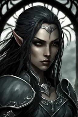 SA female elf with skin the color of storm clouds, deep grey, stands ready for battle. Her long black hair flows behind her like a shadow, while her eyes gleam with a fierce silver light. Despite the grim set of her mouth, there's a undeniable beauty in her fierce countenance. She's been in a fight, evidenced by the ragged state of her leather armor and the red cape that's seen better days, edges frayed and torn. In her hands, she grips two daggers, add dark shadow mystic purple flames