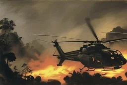 helicopter burning in the jungle the Panter is watching on fire by Caravaggio